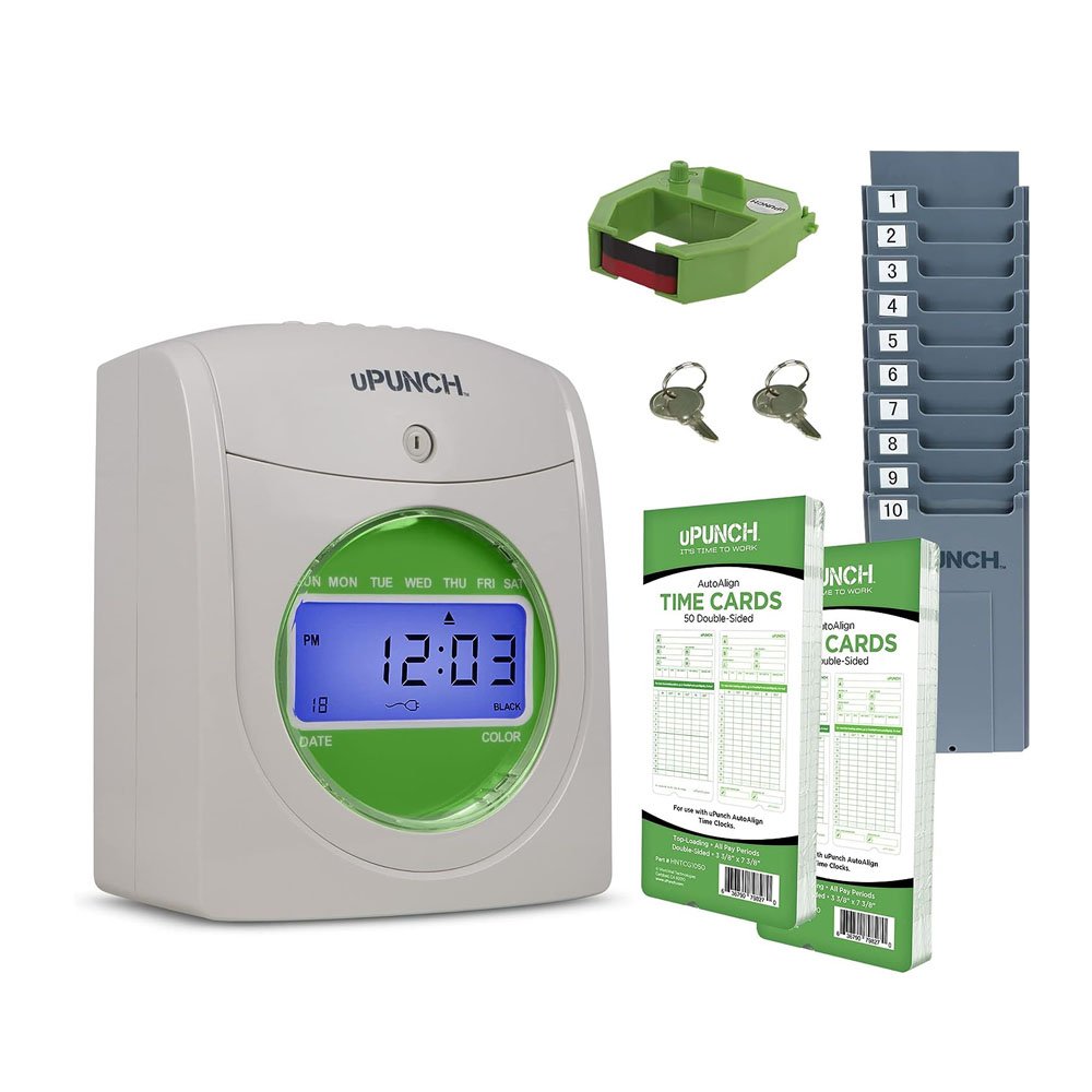 u1-1.jpg uPunch Time Clock Bundle with Cards, Time Card Rack, Ribbon- 2 Keys - Image 1